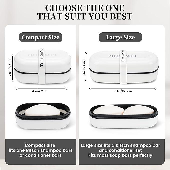 Shampoo Bar Holder and Soap Case | Leakproof Travel Container with Lid & Drain Tray | Includes Silicone Strap and Mesh Soap Bag | for Bathroom, Shower, Camping, Gym Travel (White, Large)