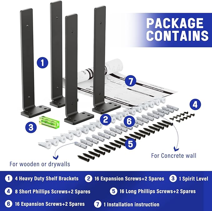 Goovilla Shelf Bracket, Heavy Duty Floating Shelf Brackets 12 inch Long, 4 Pack Brackets for Shelves, Black Coated Metal Wall Shelf Support Brackets with 1/5 Inch Thick and 160 lb. Load Capacity