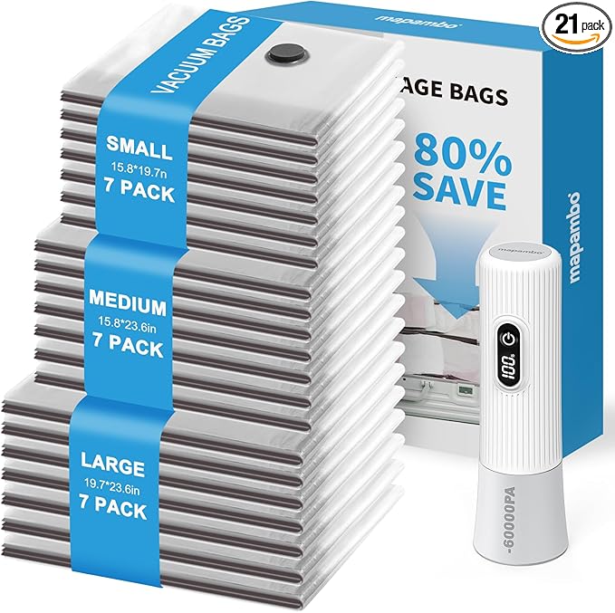 Mapambo Travel Vacuum Bags with -60000Pa LED Electric Pump, 21 Pack Vacuum Seal Bags for Clothing Travel in 3 Combo sizes, Space Saver Vacuum Storage Bags, Saving up to 80% of Space (21 Combo)
