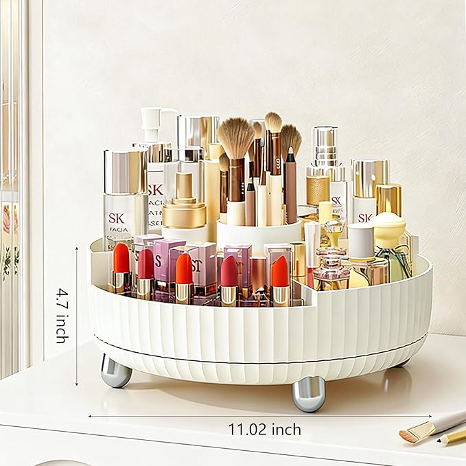 Anyoifax Makeup Perfume Organizer Tray with Divider, 360-Degree Rotating Lazy Susan Skincare Lotion Organizer, Spinning Cosmetics Storage for Dresser, Vanity, Bathroom Countertop, Large Beige