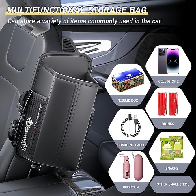 Tumecos Car Storage Organizer for Front and Back Seat,Rectangle Car Tissue Box Holder,Side Mount Hanging Bags with 2 Mesh Pockets,Waterproof Consoles Organizers,Napkin Cover