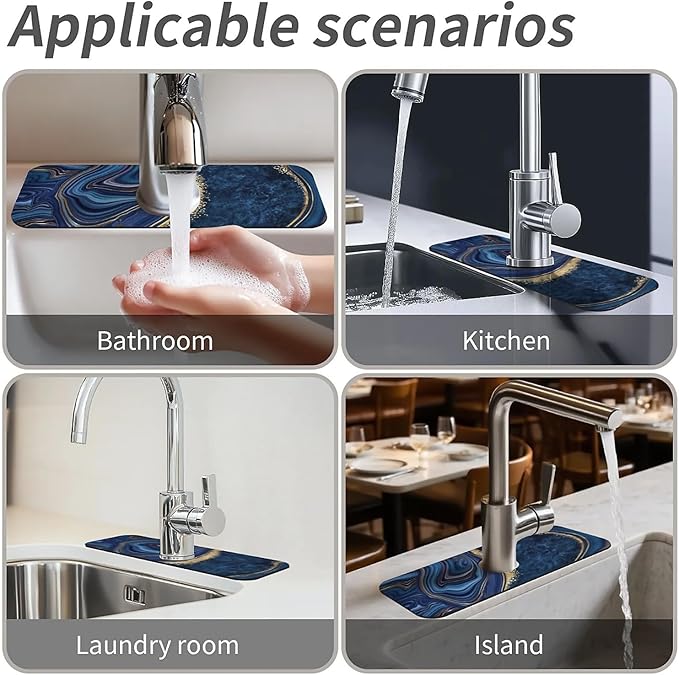 Kitchen Sink Splash Guard, Dark blue gold marble Faucet Mat Sink Gadgets - Super Absorbent Fast Drying Mat Drip Catcher for Kitchen, Bathroom, Sink Mat, Dish Drying Mat, Bathroom (15" X 5.5")