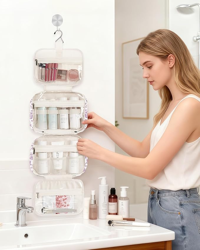 Narwey Hanging Floral Toiletry Bag for Women Travel Makeup Bag Organizer Toiletries Bag for Travel Size Essentials Accessories Cosmetics (Little Dusty Pink Flower (Medium))