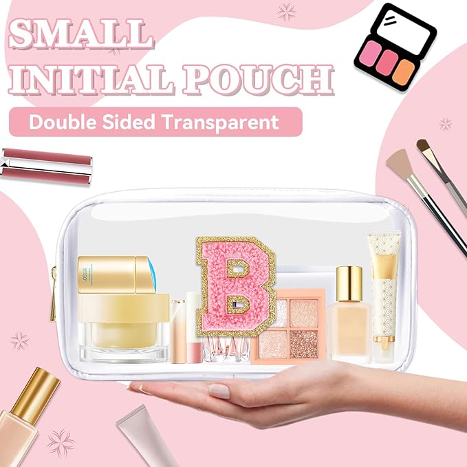 Small Clear Personalized Initial Makeup Bag,Nylon Preppy A-Z Chenille Letter Patch Cosmetic Pouch Beach Toiletry Bag,Waterproof Zipper Travel Purse Storage Bag Organizer for Women Girls(White-Pink B)