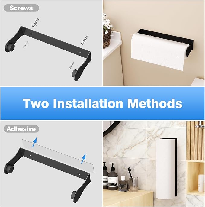 Paper Towel Holder Under Cabinet, Adhesive or Screw Mount, Fits Standard & Mega Rolls, Wall Mount Rack for Kitchen, Bathroom, RV, Black