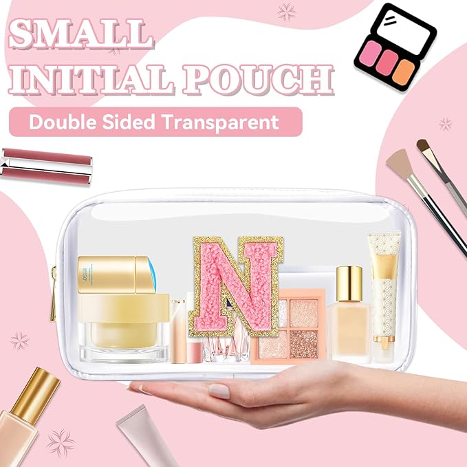 Small Clear Personalized Initial Makeup Bag,Nylon Preppy A-Z Chenille Letter Patch Cosmetic Pouch Beach Toiletry Bag,Waterproof Zipper Travel Purse Storage Bag Organizer for Women Girls(White-Pink N)