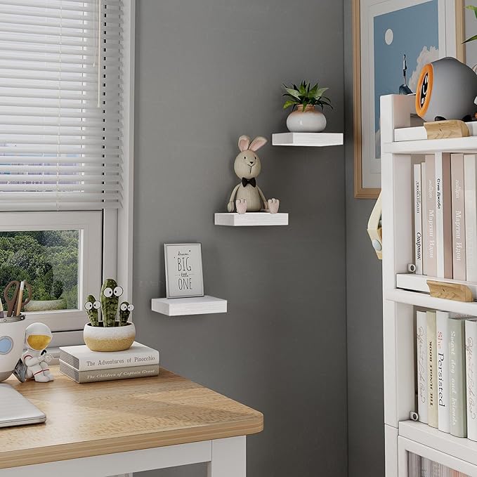 Small Floating Shelves for Wall - 6 Inch Mini Square White Shelves for Bedroom, Living Room, Bathroom, Kitchen, Office Decor Set of 3