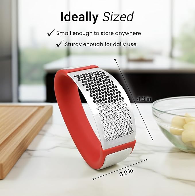 Zulay Kitchen Stainless Steel Garlic Press Rocker Set - Premium Garlic Mincer Garlic Crusher - New Innovative Garlic Crusher with Peeler and Scraper - Comfortable Grip (Red)