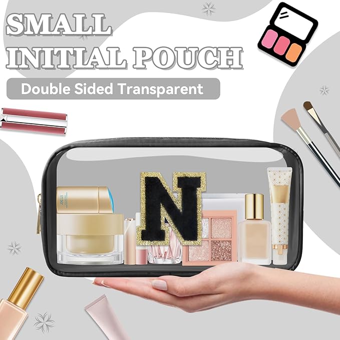 Small Clear Personalized Initial Makeup Bag,Nylon Preppy A-Z Chenille Letter Patch Cosmetic Pouch Beach Toiletry Bag,Waterproof Zipper Travel Purse Storage Bag Organizer for Women Girls(Black-Black N)