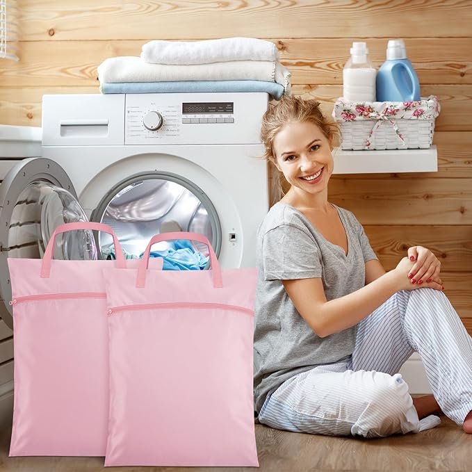 2 Pcs Travel Laundry Bags Waterproof with Handle Dirty Clothes Bag for Traveling Hanging Laundry Hamper with Two Zippered Pockets Washable Reusable for Sports Home Travel College Dorm (Pink)