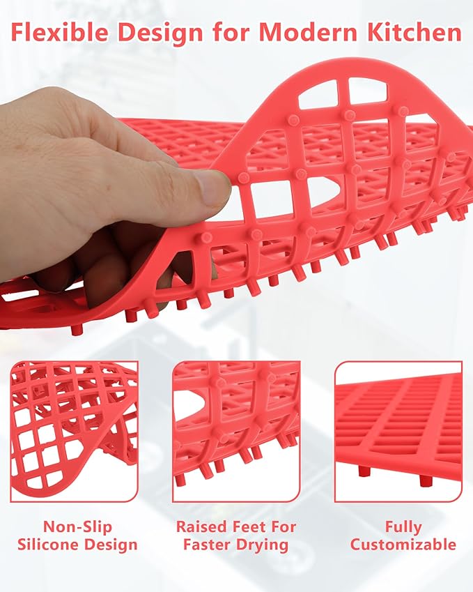 2 Pack Silicone Sink Protector for Kitchen Sink, Lozenge Pattern 13 x 11 inches Sink Grid Mat Silicone Protectors, Center Drain, Red