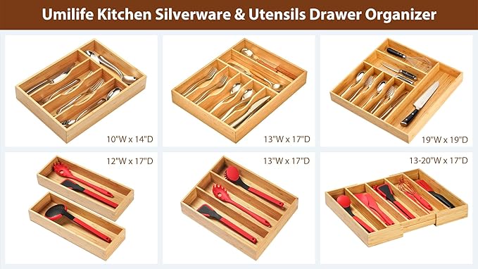 Umilife Bamboo Kitchen Drawer Organizer, 8 Inch Silverware Utensils Tray Holder for Small Drawer, Wood Caddy for Flatware Cutlery Knives