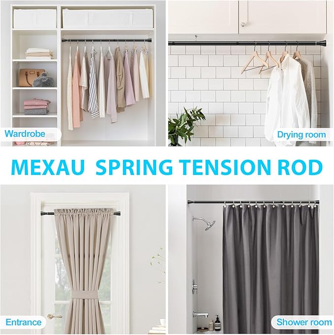 2PCS Spring Tension Curtain Rod 28 To 48 Inch Adjustable Expandable Black Tension Rod 7/8" Shower Curtain Rods No Drilling Spring Loaded Curtain Rod for Windows Bathroom Closet Bedroom Doorway Door