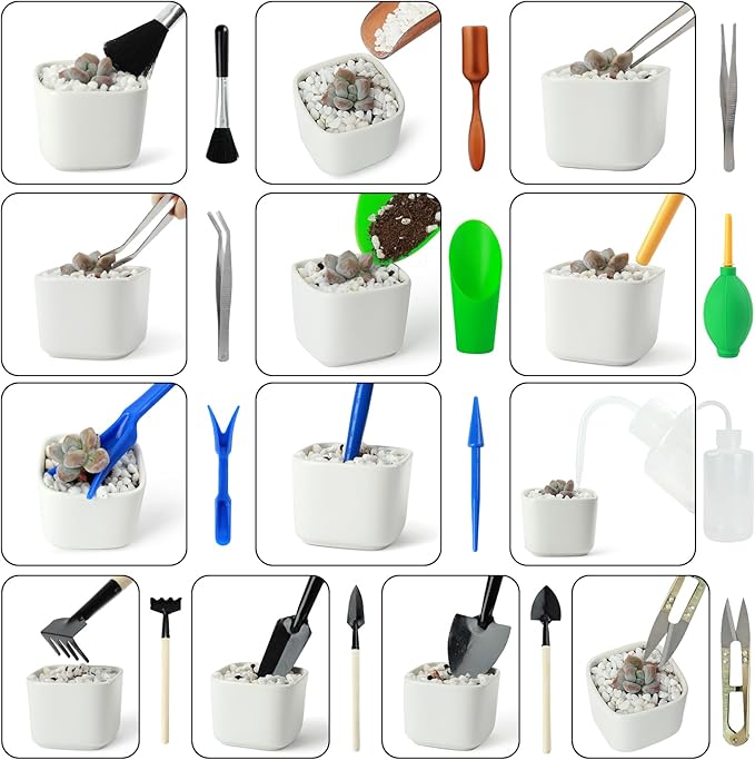 Succulent Tools Kit with Organizer Bag- 13Pcs Indoor Gardening Tools |Mini Succulent Hand Tools with Tote, Succulent Transplanting Supplies, Present for Gardeners Plant Care (Green)