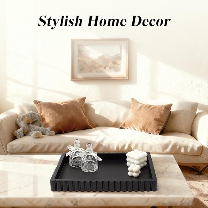 YMXYJM-Scalloped Coffee Table Tray,Ottoman Tray for Modern Home Decor. 14" Decorative Tray for Entryway Table Decor, Living Room Table Decor, Coffee Table Centerpiece - Black Resin