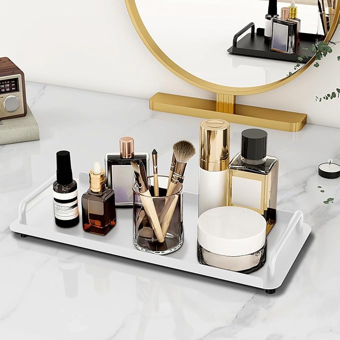 2 Pack Bathroom Vanity Tray, Toilet Tank Tray with Handle, Bathroom Trays for Counter, Toilet Tank, Kitchen (White)