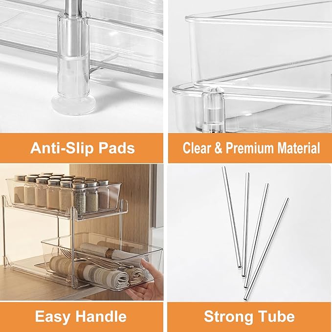 2 Pack Clear Under Sink Organizers, Pull Out Cabinet Organizer,2 Tier Bathroom Storage Organizer,Cabinet Drawers Organization Bins with Track for Kitchen,Pantry,Fridge,Vanity