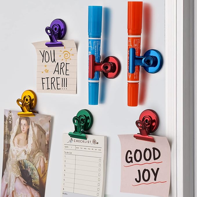 FINDMAG 12 Pack Magnetic Clips for Photo Display and Picture Hanging, Strong Fridge Magnets, Magnetic Christmas Light Clips for Whiteboard, Kitchen, Office, School, Purple, 30mm Wide