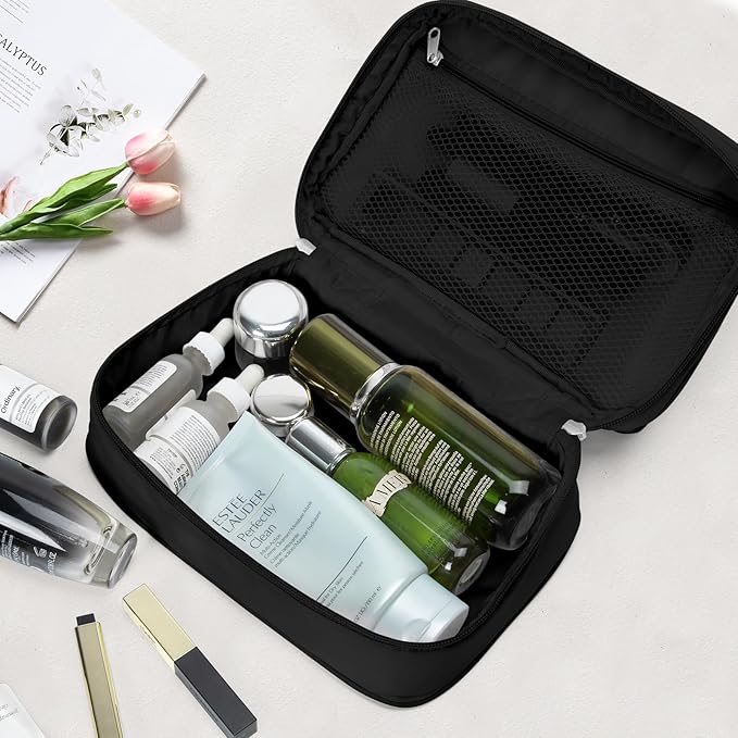 Travel Cosmetic Bag Women Portable Makeup Case Organizer Wide-open Toiletry Pouch for Cosmetics Toiletries (Black)