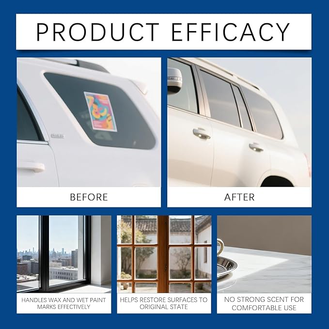 Adhesive Remover, Sticker Remover Spray with Plastic Scraper and Cleaning Cloth, Removes sticker residue, tape marks, and glue buildup, for Glass, Metal, Plastic, Wood and Hard Surfaces