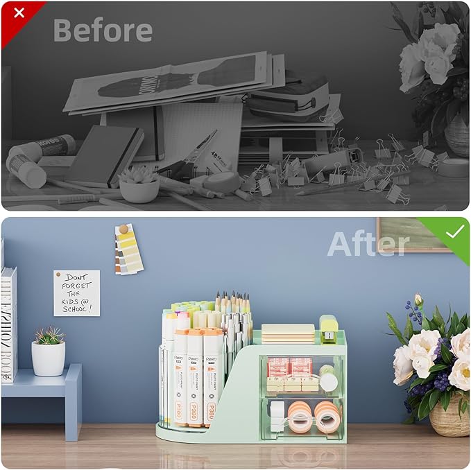 Marbrasse Desk Organizer with 2 Drawers, 360° Rotating Pen Holder, Desk Organizers and Accessories with 6 Slot Pencil Holder + 2 Drawers, Art Supply Storage Box Caddy for Office (Green)
