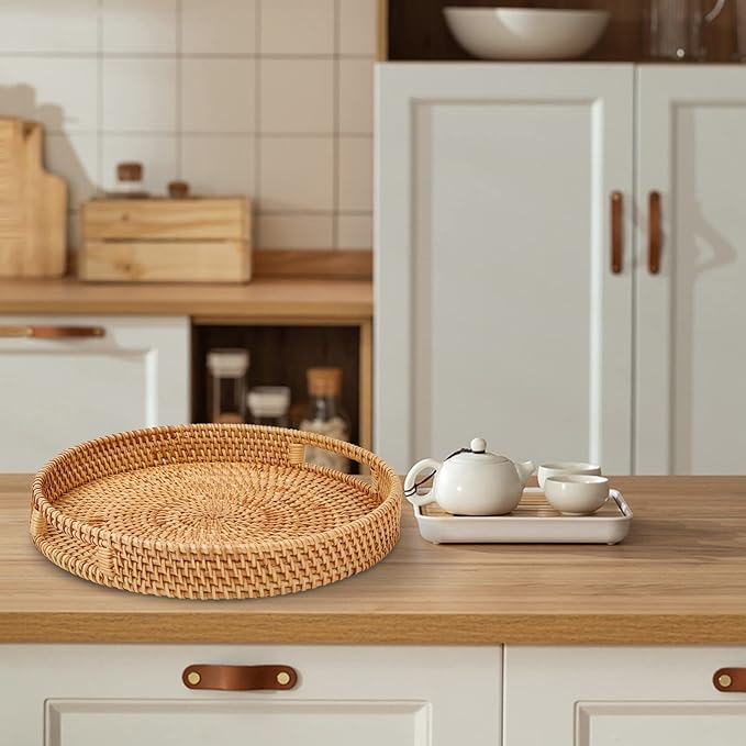 Round Rattan Serving Tray with Handles, 2 Hand Woven Basket, Home Decor Organizer Tray for Breakfast, Tea, Snack, Fruit, Coffee, Storage (Large + Medium) (14.17inchX2.3inch+11.9inchX1.7inch