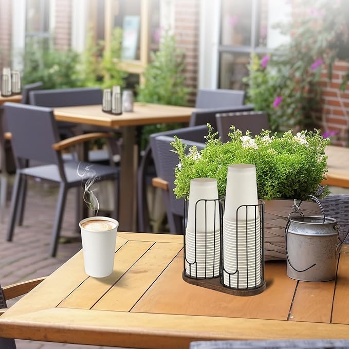 2-Compartment 18oz Coffee Cup Dispenser Rack with Wood Base, Disposable Cup, and Lid Organizer for Countertop - Perfect for Paper Cups, and Lid Organizer