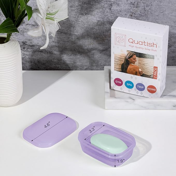 Quatish Leakproof Soap Dish with Lid & Draining Layer, Shatterproof Travel Bar Soap Holder Case Container, Portable Travel Size Toiletries Essentials for Camping, Gym, Bathroom, Clear Purple