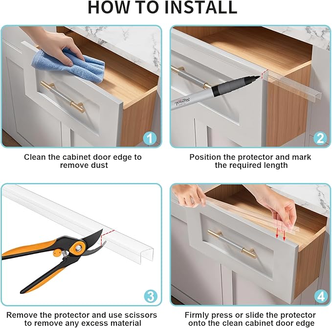 12 Pack Cabinet Protectors for Kitchen Cabinets, 18" Length Clear Cabinet Door Protector Edge Guard 3/4" Thick for Kitchen Drawer Fronts, Slip-On Plastic Edge Guard to Protect Sink & Trash Drawer