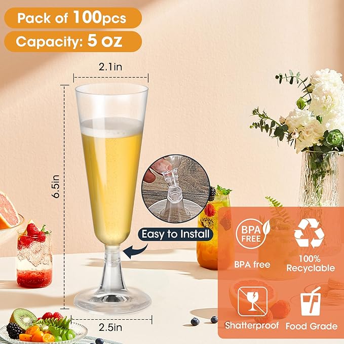 SUREHOME Plastic Champagne Flutes Plastic Champagne Glasses Disposable Mimosa Glasses Bulk 100 Pack Clear Wedding Toasting Cups Unbreakable Crystal Stemware for Bar Baby Shower Birthday Party Supplies