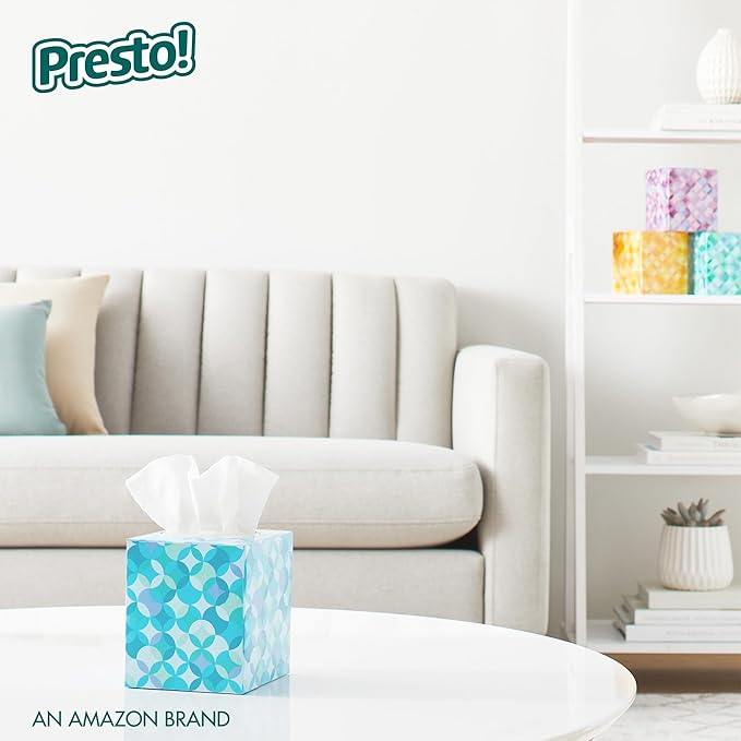Amazon Brand - Presto! Ultra-Soft 3-Ply Premium Facial Tissues, Colorful Boxes, 1188 Count (18 Packs of 66), (Packaging May Vary)
