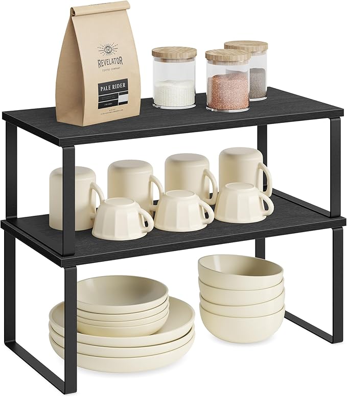 SONGMICS Cabinet Organizer Shelf, Set of 2 Kitchen Counter Shelves, Kitchen Storage, Spice Rack, Stackable, Expandable, Metal and Engineered Wood, Ink Black and Charcoal Black UKCS025B01