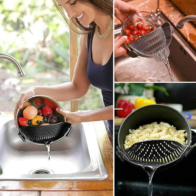 2 Pcs Clip on Strainers, Pot Strainer for Pasta Meat Vegetables Fruit, Silicone Strainer - Fit All Pots and Bowls