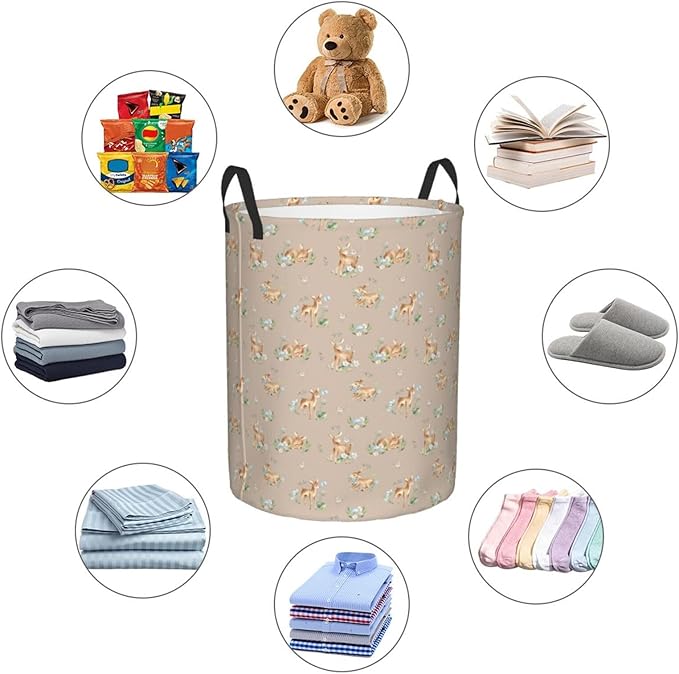 Watercolor Baby Deers Animal Round Laundry Hamper Storage Basket Toys Clothes Organizer Bin For Home Bathroom Bedroom Dorm Nursery, 62l