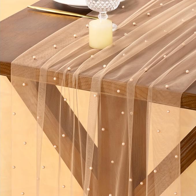 Socomi Pearl Table Runner Tulle Summer Cheesecloth 10FT Gauze Cheese Cloth Sheer Chiffon Wedding Birthday Party Baby Shower Bridal Anniversary Holiday Centerpiece Table Decor 3pcs Nude Coffee