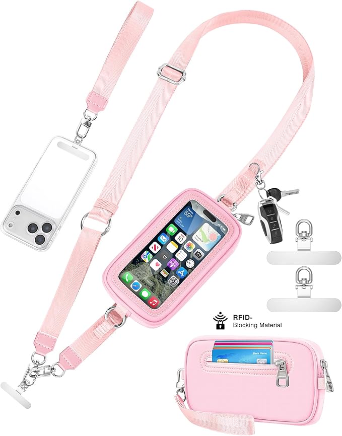 SHANSHUI Clip and Go Phone Lanyard Wallet, Hands-Free Crossbody Strap with Zipper Pocket & ID Window, Includes 2 Metal Tether Pads for Phones, Keys, Earphones, Accessories, Pink