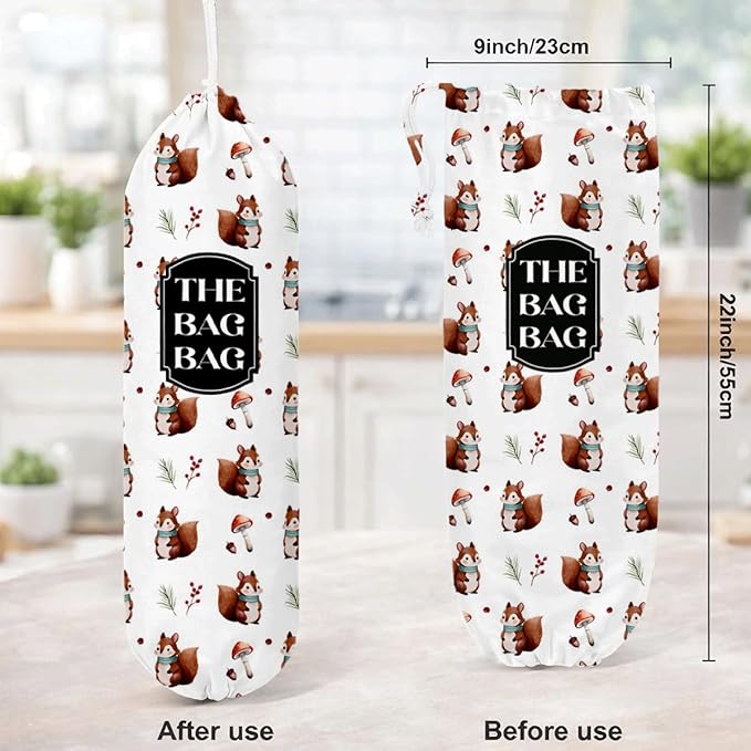 The Bag Bag Grocery Bags Holder, Cute Squirrel Grocery Bags Holder Organizer for Shopping Sack, Reusable Hanging Trash Sacks Dispenser, Wall Mount Plastic Sack Storage Container Dispensers