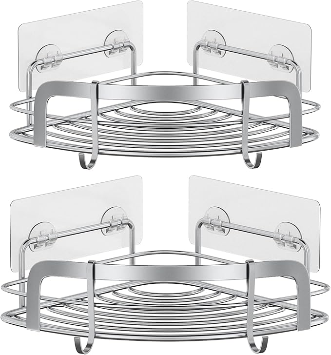 STEUGO 2 Pack Shower Caddy Corner, Bathroom Corner Shower Shelves, Adhesive Wall Mounted Shower Caddy with 4 Movable Hooks, No Drilling Shower Shelf, Stainless Steel Silver.