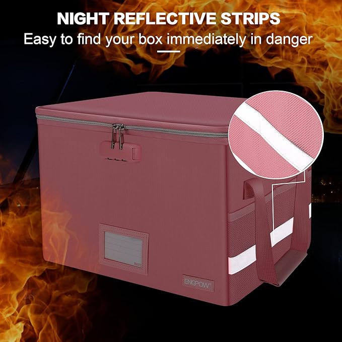 ENGPOW File Box with Lock, Fireproof Document Box with Zipper & Pockets, Collapsible File Organizer Filing Storage Cabinet with Handle, Portable Home Office Safe for Hanging Letter/Legal Folder, Pink