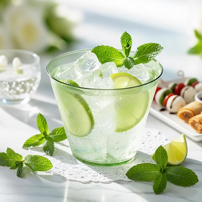 9 oz Clear Plastic Cups Green Plastic Disposable Cups for Cocktail 50 Pack Fancy Cocktail Cup for Party Stemless Wine Glasses for Wedding Graduation Birthday