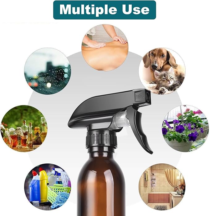 4 oz Amber Glass Spray Bottles - 2 Pack Empty Refillable Bottle for Cleaning Solutions,Hair Care,Essential Oils, Plants - Durable Nozzle,with Labels &Funnel, Dropper