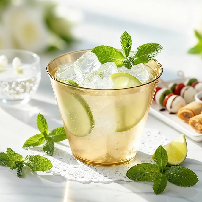 9 oz Clear Plastic Cups Glod Plastic Disposable Cups for Cocktail 50 Pack Fancy Cocktail Cup for Party Stemless Wine Glasses for Party Wedding Graduation Birthday