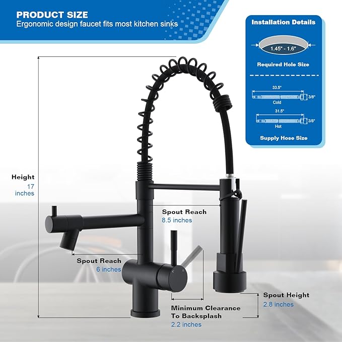 VFAUOSIT Commercial Spring Pull Down Kitchen Faucet with Dual Outlets – Matte Black 360° Rotating Lower Spout + High Pressure Sprayer, Single Handle Lever Stainless Steel for RV Farmhouse Sink