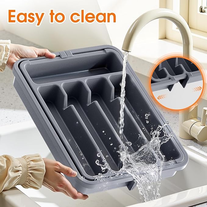 SpaceHacks Silverware Organizer,Adjustable & Expandable Utensil Drawer Organizer, BPA Free Utensil Holder, Cutlery Tray for Forks, Spoons, Knives in Kitchen, Medium, Grey