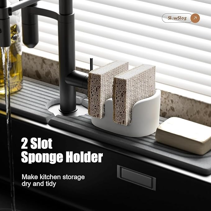 2 Pack Double Sponge Holder, Diatomite Stone Absorbent Sponge Stand for Kitchen Sink - Quick Dry Organizer for Kitchen Countertop, White