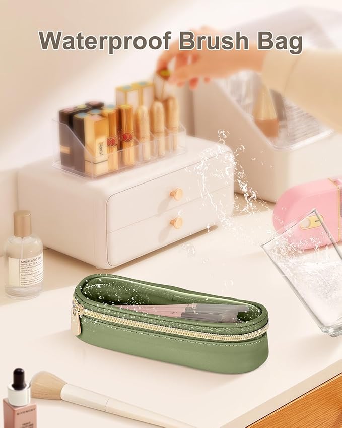 Clear Travel Makeup Brush Holder, Leather Makeup Brush Toiletry Bag, Portable Cosmetic Brush Case, Transparent Waterproof Makeup Brush Storage Bag, Green