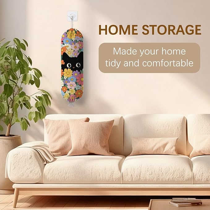 Floral Cat Plastic Bag Holder Dispenser, Plastic Grocery Bag Organizer & Wall Mount Paper Trash Bags Saver Storage for Kitchen Home Pantry Decor, Cat Kitchen Decor Shopping Bags Storage Dispenser