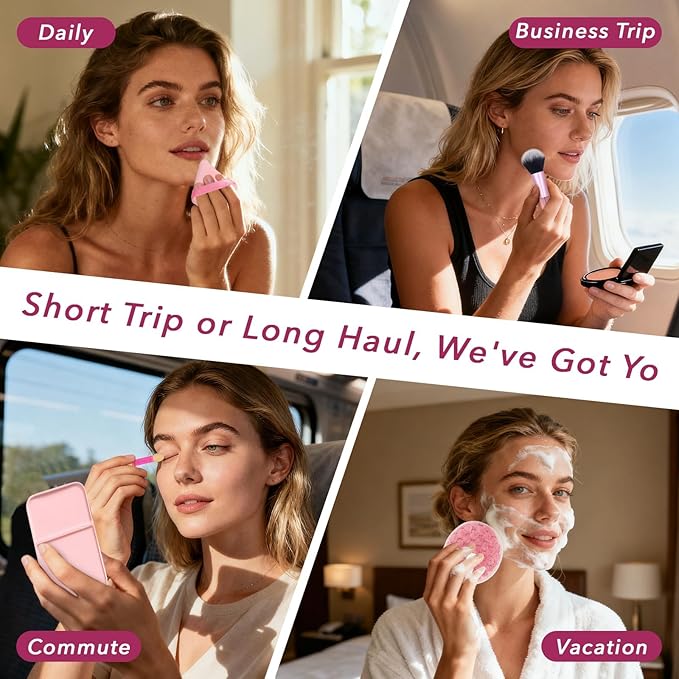 Travel Makeup Brush Set, 77Pcs Mini Makeup Kit Synthetic Foundation Concealers Eye Shadows Brushes Powder Puff with Eyelash Curler Eyebrow Razor Comb Mirror Hair Clips Cosmetic Bag (Pink)