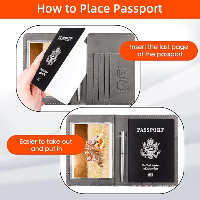 WALNEW Passport Holder for Travel, RFID Passport Cover Wallet for Women Men, PU Leather Passport Book Card Holder Case with Pen, Travelling Essentials for Flying