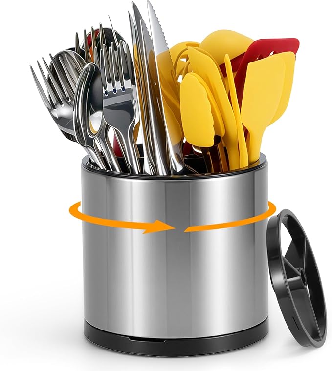 360° Rotating Kitchen Silverware Caddy, Stainless Steel Utensil Holder for party Counter with 3 Compartments, Cooking Flatware Organizer Spoon Spatula Tool Cutlery Container (Silvery, Medium)